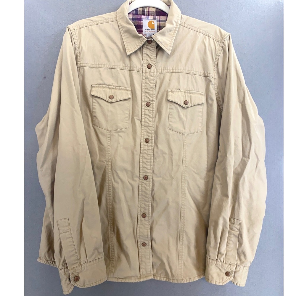 Carhartt Womens XL Tan Flannel Lined Canvas Shirt Jacket Shacket 100032 COR
